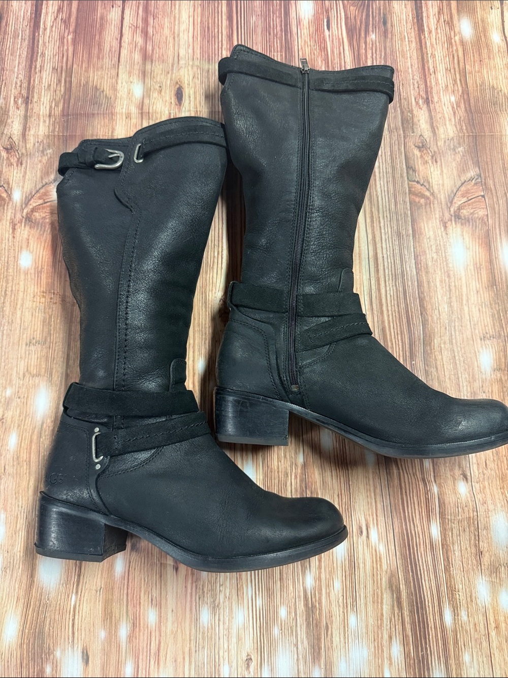 UGG Black Leather Tall Riding Boots stacked Heeled with Strap Detail